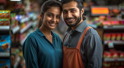 A woman and a man are standing in a store, smiling at the camera