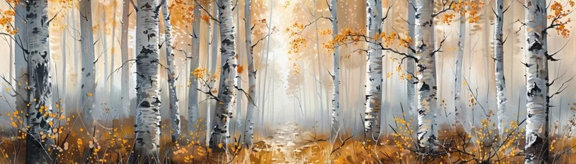Papier Peint photo autocollant Bouleau Imagine a beautiful oak grove depicted with intricate paint strokes.
