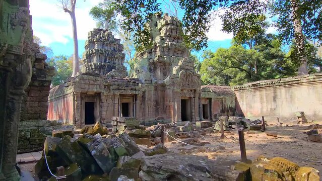 Mysterious Ancient ruins Ta Prohm temple - famous Cambodian landmark, Angkor Wat complex of temples. Siem Reap, Cambodia.