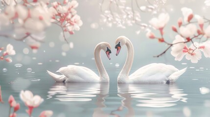 Adorable artwork showcasing a pair of elegant swans floating peacefully on a tranquil lake.