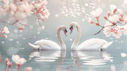 Gordijnen Adorable artwork showcasing a pair of elegant swans floating peacefully on a tranquil lake. © tonstock