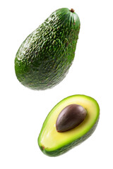 Falling avocado, clipping path, isolated on white background full depth of field