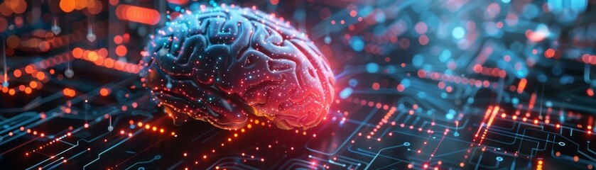 The integration of neural networks and electronic cyberbrains within a quantum computing framework highlights advancements in artificial intelligence, biotechnology, and machine learning. - obrazy, fototapety, plakaty