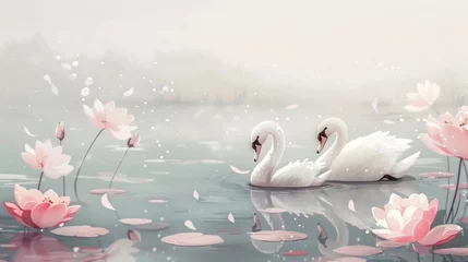  Adorable artwork showcasing a pair of elegant swans floating peacefully on a tranquil lake. © tonstock