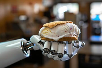 android arm holding a bitten ice cream sandwich