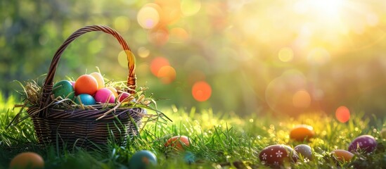 Easter joy is depicted in a scene of a basket filled with colorful eggs on green grass under the sun during springtime. This image can serve as a decorative Easter banner or background, - obrazy, fototapety, plakaty