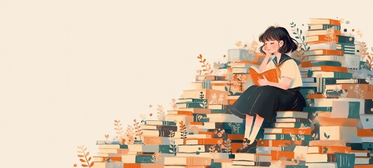 a school girl reading book beside stack of books and spring foliage in garden, happy reading concept, artful minimal style cartoon illustration with grungy noise texture, Ai Generated