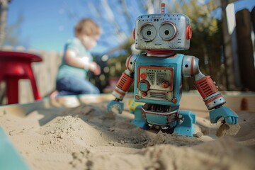 robot toy in a sandbox with a child in the background - obrazy, fototapety, plakaty