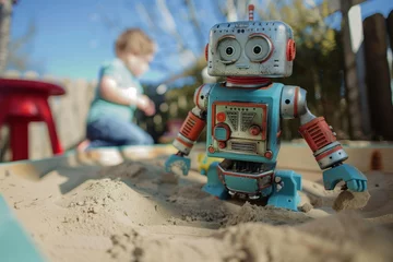 Fotobehang robot toy in a sandbox with a child in the background © studioworkstock