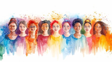 A diverse group of young women happily posing together, showing unity and positivity, in a vibrant watercolor design on a plain white backdrop, symbolizing the beauty of diversity.