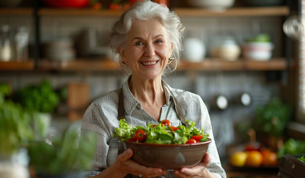 An older woman holding a bowl of salad. Generative AI