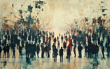Generate AI-created collage image of a crowd of people waiting for a politician to make a statement. - obrazy, fototapety, plakaty