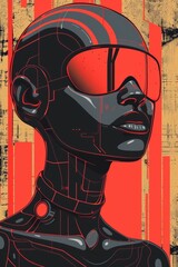 Illustration de cabeza futurista en estilo afrofuturista.