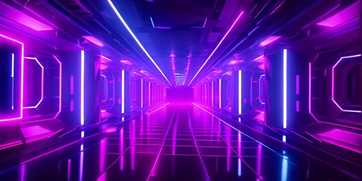 A digitally corridor with bright purple and blue neon lighting for a cyber effect 4K Video