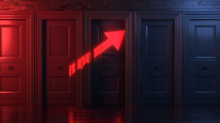 A bold red arrow breaking through a series of doors, each representing different challenges, showcasing perseverance