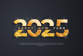 neHappy new year 2025 typographic text poster design celebration. Glowing golden numbers and dark background vector illustration.	