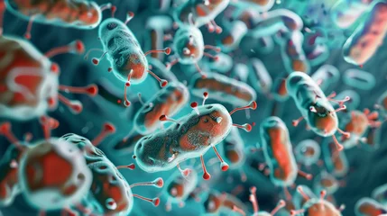 Fotobehang Close-up of bacteria causing an infection in the human body, highlighting the ongoing battle between medicine and microbial invaders © chayantorn