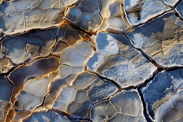 Close-up of the intricate patterns formed by salt in a drying salt lake, illustrating the evaporation process and mineral deposits