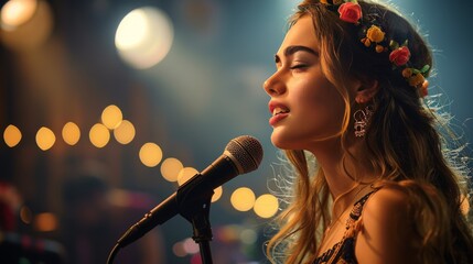 A woman singing into a microphone in front of a crowd