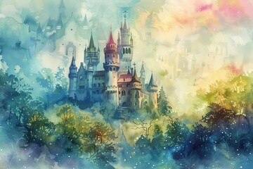 Whimsical Fairy Tale Castle in Enchanted Forest, Watercolor Painting