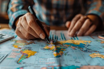 Study the world map in detail with key financial centers emphasized, being observed by a successful business professional. - obrazy, fototapety, plakaty