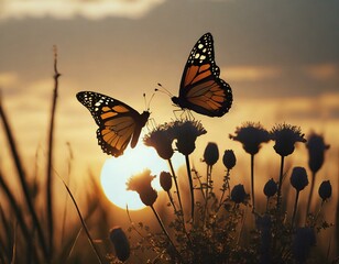 Close up of silhouette butterflies perching on plants against sky during sunset - obrazy, fototapety, plakaty