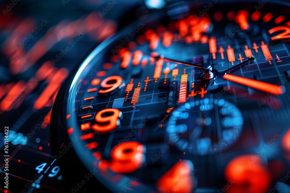 Poster the intertwining of a clock face and a stock market graph highlights the importance of timing within