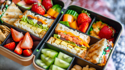 Healthy lunch box with fresh fruits and vegetables, colorful and balanced meal.