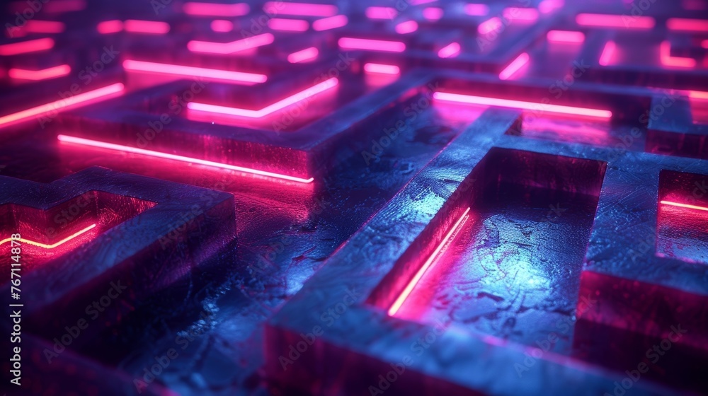 Poster a complex illuminated labyrinth symbolizing protection against cyber attacks.