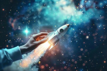 Woman's hand launching space rocket, cosmic exploration digital art