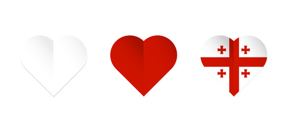 Georgia flag in heart shape. Set of hearts with Georgian flag colors. Vector illustration isolated on white background.