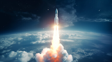 Launch of Space, Spaceship takes off into the night sky. Spaceship begins the mission. Rocket stars into space concept - obrazy, fototapety, plakaty