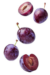 Falling plum isolated on white background, clipping path, full depth of field