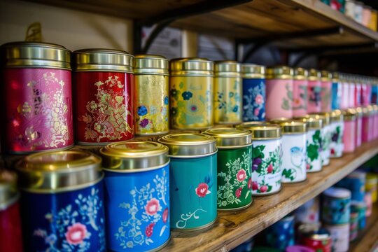 shelf stocked with colorful tea tins in a row