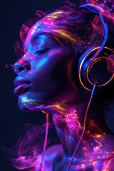 Naklejka premium An African lady is embracing the rhythm of music through her headphones, immersing herself in the colorful and lively pulse of sound on a dark backdrop.