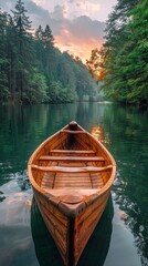 Handcrafted wooden canoe on tranquil forest lake at dawn serene escape - obrazy, fototapety, plakaty