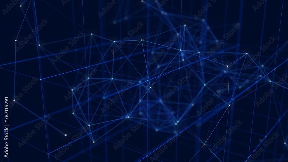 Poster Abstract wireframe cube. Network connection structure. Digital blockchain concept. Futuristic blue background with dots and lines. 3D rendering.