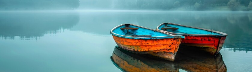 Old fishing boats on a calm lake a portrait of traditional livelihoods - obrazy, fototapety, plakaty