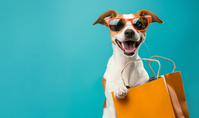 Shopping Spree Pup: Adorable Dog with Sunglasses and Shopping Bag