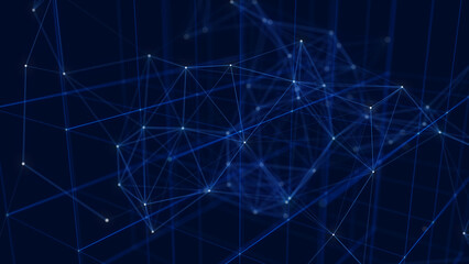 Abstract wireframe cube. Network connection structure. Digital blockchain concept. Futuristic blue background with dots and lines. 3D rendering.