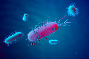 Vibrant 3D Rendered Microscopic View of Bacteria Clusters Under Magnification