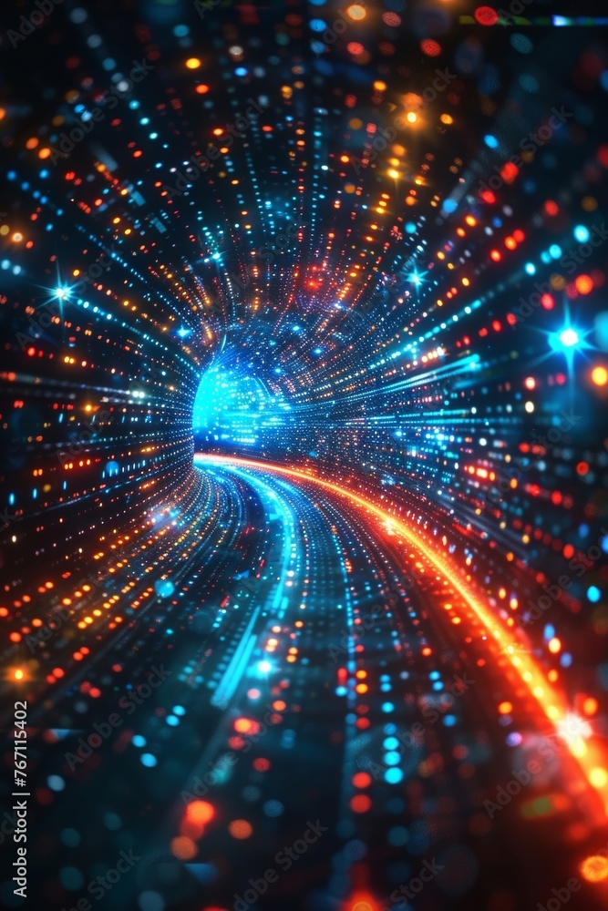 Poster the digital technology scene vividly displays a dynamic and interconnected realm of binary code, sym