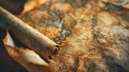 An antique map is presented as the backdrop, showcasing the ancient journeys and explorations, highlighting notable sites and the skill of navigating, all crafted through cartography. - obrazy, fototapety, plakaty
