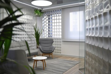 modern office corner with a minimalist bubble wall