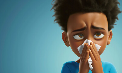Cartoon Boy Sneezing with Tissue - Allergy and Cold Concept - obrazy, fototapety, plakaty