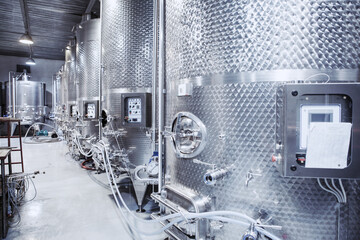 Stainless Steel Containers for Alcoholic Fermentation in a Wine Production Facility