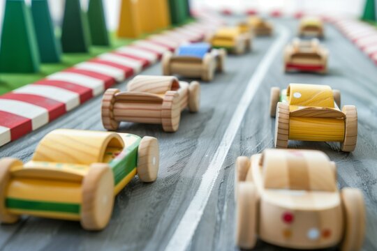 wooden toy cars lined up on a miniature race track
