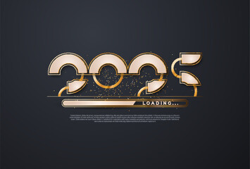 Progress bar with golden and white on black Download New Year's Eve. Loading animation screen with Glitter confetti shows almost reaching 2025. Creative festive banner with shiny progress bar. - obrazy, fototapety, plakaty