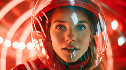 Woman astronaut wearing space helmet and suit. Woman manned mission to Mars, space exploration colonization. Portrait of woman astronaut wearing a space suit in international space station