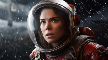 Woman astronaut wearing space helmet and suit. Woman manned mission to Mars, space exploration colonization. Portrait of woman astronaut wearing a space suit in international space station - obrazy, fototapety, plakaty